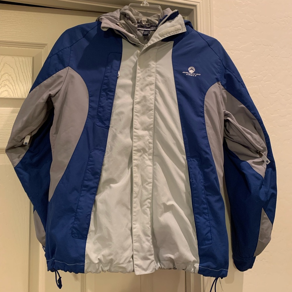 American Eagle snowboarding jacket blue/white women’s size L Thermolite Plus